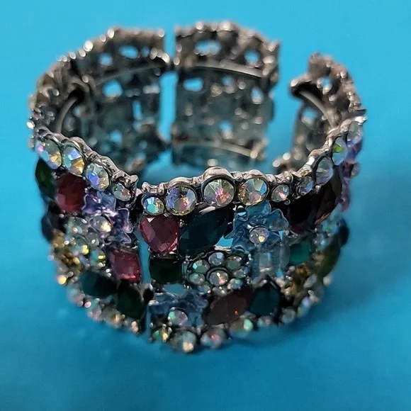 Cocktail Colorful Multi-Color Embellished Floral Rhinestone Stretchable Bangle - Picture 2 of 11